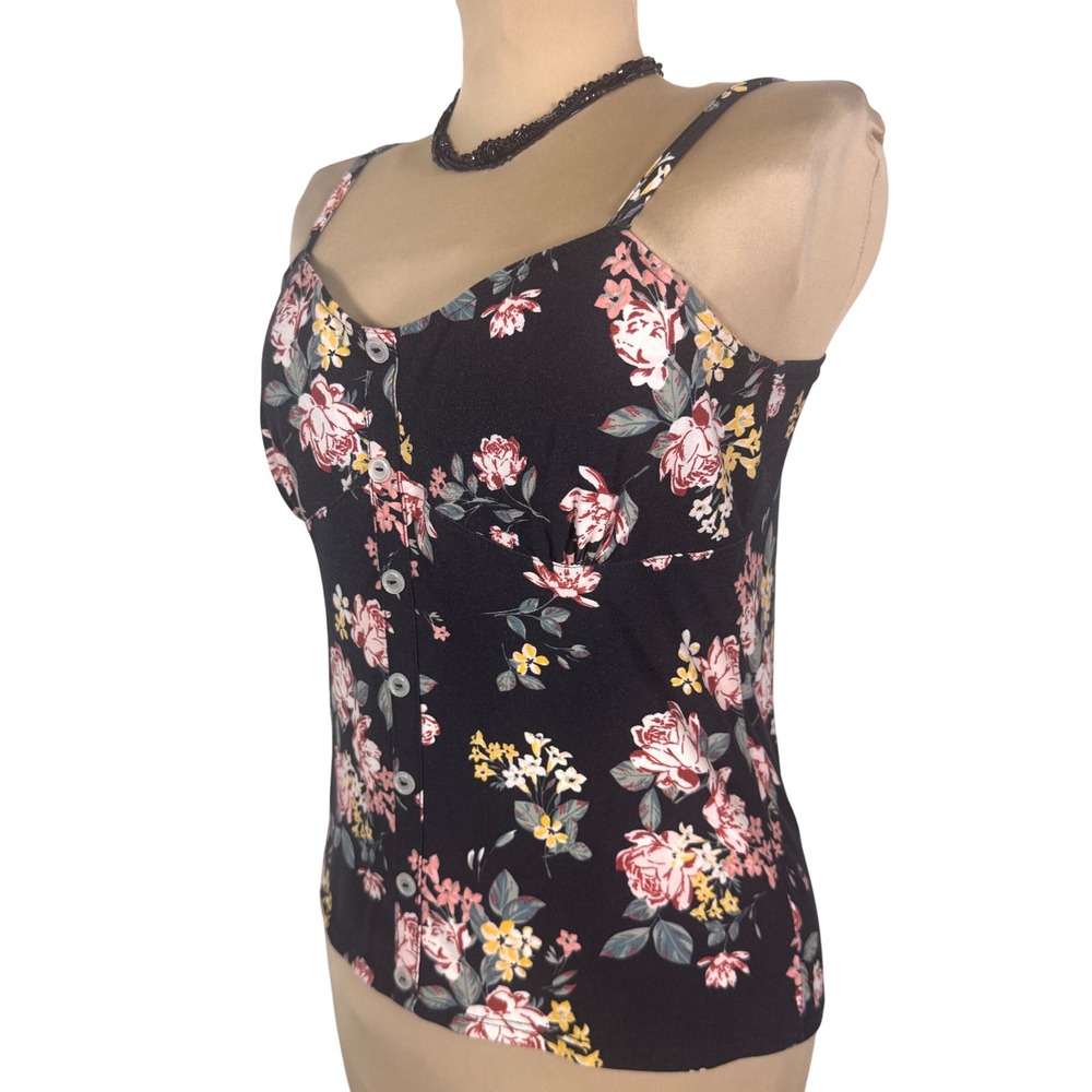 No Boundaries Floral Button Front Cami Tank Top Black Rose Print Juniors L 11-13 - Picture 4 of 10